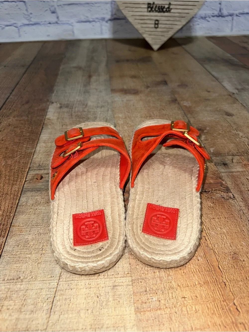 Tory Burch Two Band Flat Espadrille Suede Slide Sandal in Bright Samba 7.5